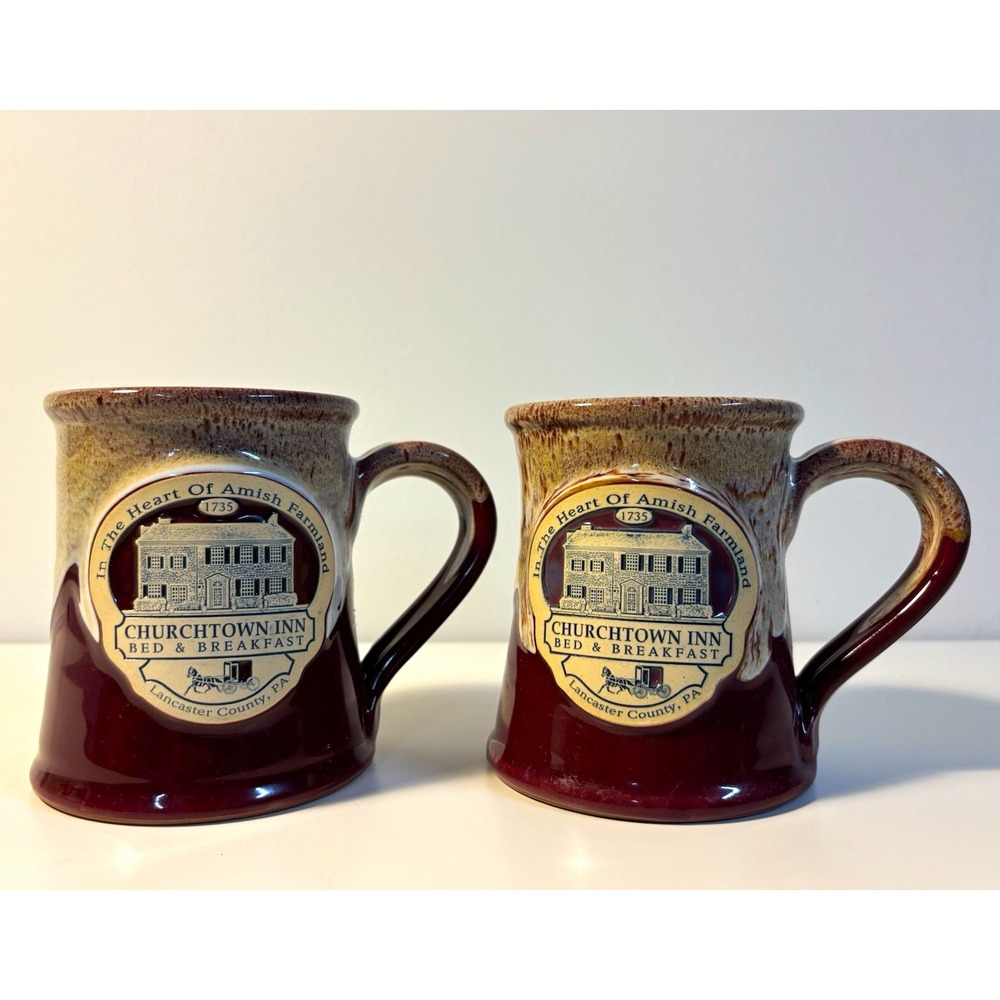 2pc Ceramic Coffee Mug Set 11 fl oz Brown Beige Churchtown Inn Lancaster PA